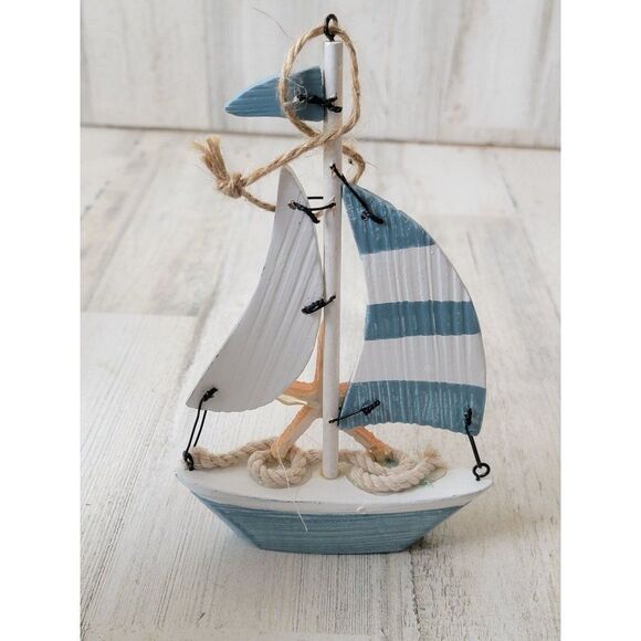 Wooden sail boat blue starfish glitter shell large ornament xmas - Picture 5 of 6